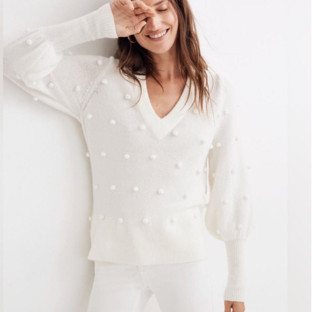 Madewell Bobble Dashwood V-Neck Ivory Sweater in Coziest Yarn W-843 Sz L